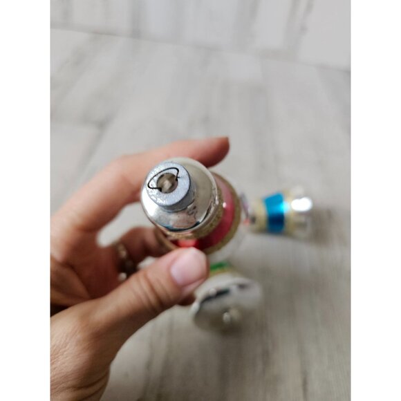 Vintage glitter mercury glass bell ornament gold striped green red blue set Xmas - Picture 5 of 15